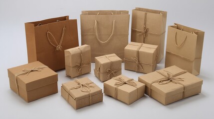 Assortment of brown paper gift boxes and shopping bags against a white background