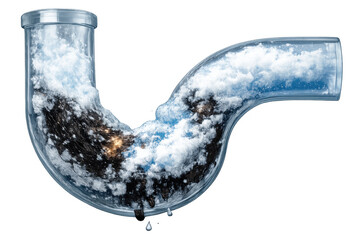 Clogged p-trap pipe showing dirty water, hair, and sludge buildup causing a plumbing blockage, on transparent background