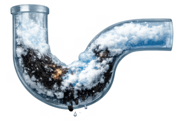 Clogged p-trap pipe showing dirty water, hair, and sludge buildup causing a plumbing blockage, on transparent background