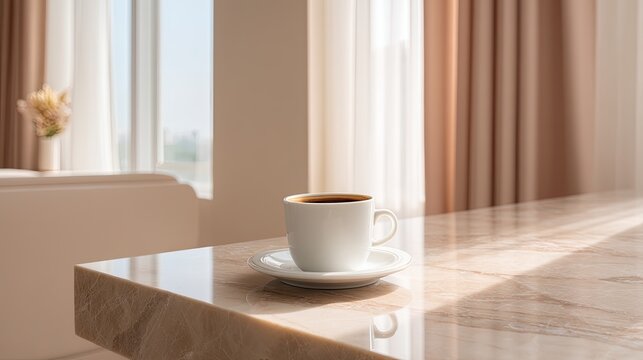 Cozy morning scene with a white coffee cup on a polished marble table and sunlight streaming through sheer curtains in a modern room