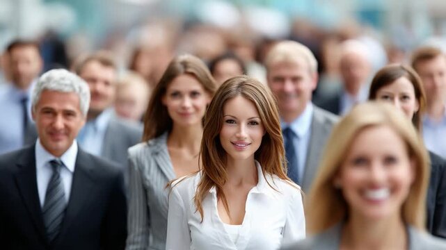 Corporate Congregation: A multitude of professional individuals, both male and female, harmoniously walk forward in a cohesive gathering, showcasing unity and collaborative effort.