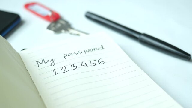 Close up of weak password written in notebook with pen and keys, security risk and data privacy concept