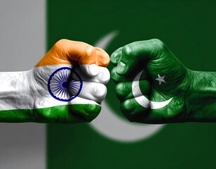 Two fists painted with flags, India versus Pakistan, against their respective flag backgrounds. A tense image showcasing rivalry