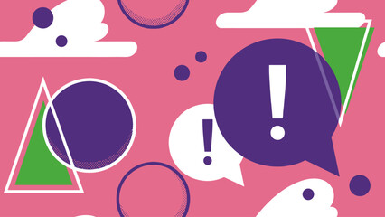 Abstract graphic illustration with speech bubbles containing exclamation marks, various geometric shapes, and cloud forms on a vibrant pink background.