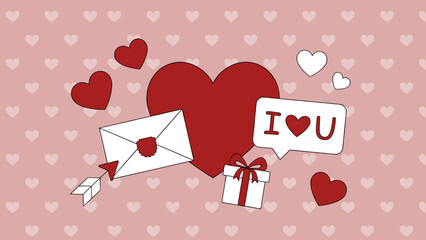 A charming illustration of love and romance with hearts, a love letter, a gift, and an 'I love you' message on a pink background.