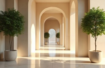 Fototapeta premium Minimalist architectural corridor with arched doorways, sunlight creates geometric patterns on marble floor. Two potted green trees flank walkway leading to distant hazy landscape view. Clean bright