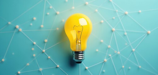 Bright yellow light bulb glows against a blue background with connecting white lines and dots. Symbolizes clear thinking innovation and bright new ideas breaking through complexity.