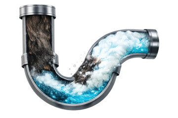 Clogged drain pipe with hair and foam getting cleaned by powerful solvent on transparent background