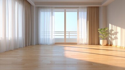 Obraz premium Bright and Airy Modern Room with Light Wood Floor, Floor to Ceiling Windows, and Potted Plant in Minimalist Style for Contemporary Living Spaces