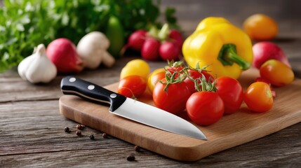 Fresh vegetables with knife on wooden cutting board, vibrant colors of tomatoes, peppers, garlic, and herbs, preparing for healthy cooking and meal prep