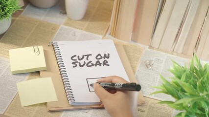 4k video of hand checking box for cut on sugar goal in notebook, healthy lifestyle and diet planning on desk with books and plants
