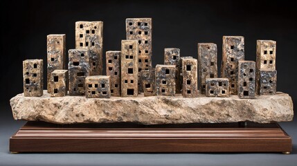 Artistic ceramic representation of city buildings with square windows atop a stone base