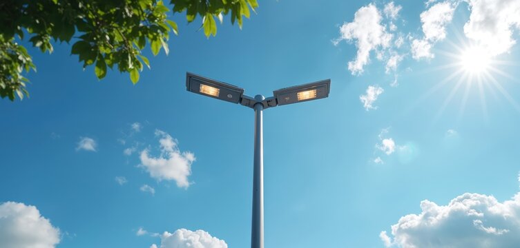 Modern street lamp with LED lights stands against a bright blue sky. Green tree leaves frame the top corner, sun shines brightly in the background. Energy efficient lighting for urban areas.