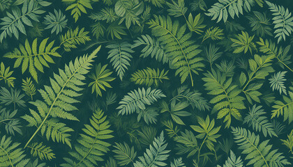 Green fern leaves on dark green background foliage