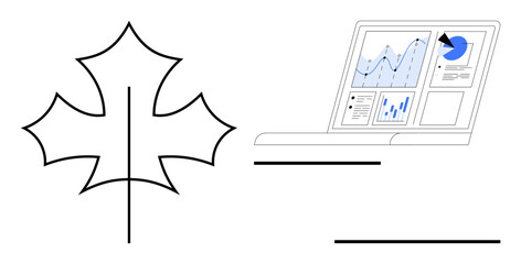 Data analysis, environmental reports, sustainability, business metrics, green technology, research. Maple leaf design beside laptop showing charts. Data analysis and environmental reporting
