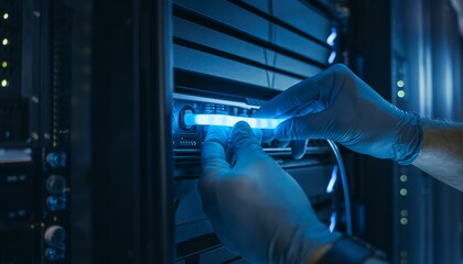 Technician works on server hardware at data center while wearing gloves and using blue light for visibility during late-night shift