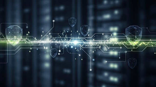 Futuristic cybersecurity concept with glowing shield icons and circuit lines in dark server room - Powered by Adobe