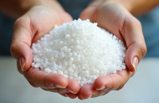 Hands cup white plastic pellets raw material for making various products. Polymer granules essential for manufacturing goods, industrial applications. Represent essential building blocks.