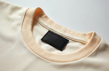 Close up of cream t-shirt neck with black blank label. Ready for custom design, branding, or price tag. Apparel mock up. Plain shirt detail.