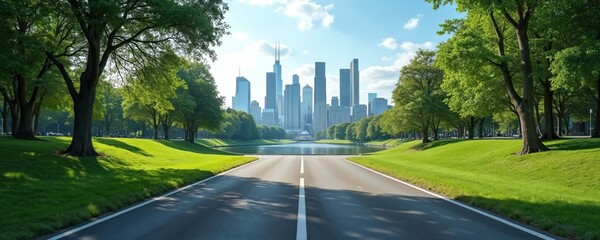 Asphalt road leads to city skyline across lake and green park. Tall skyscrapers rise above rich trees and manicured lawns under a bright sky. Nature meets urban architecture, creating a scenic view.