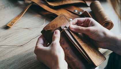 Leather craftsman stitches a wallet with care at a workshop during daytime