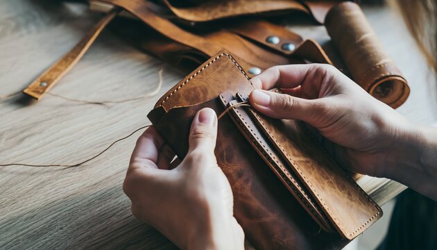 Leather craftsman stitches a wallet with care at a workshop during daytime - Powered by Adobe