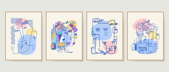 Set of minimalist abstract line art face portrait of people doodle hand drawn vector illustration. Contemporary wall decoration, poster, art print, wallpaper and social media design.