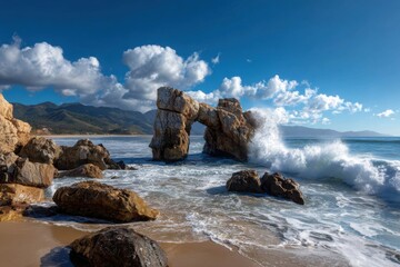 Dramatic coastal scene with a rock arch and crashing waves