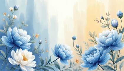 Watercolor illustration of blue and white peonies and buds on soft gradient background of pale blue and yellow. Delicate floral art with painterly leaves adds elegance to serene designs.