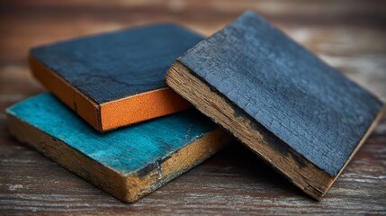 Three antique, worn-edged small books with colorful sides, stacked on wooden surface