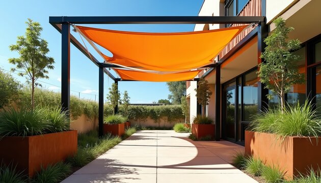 Modern pergola with orange shade sails provides outdoor comfort and sun protection. A paved walkway passes through lush greenery in stylish planters next to a building.