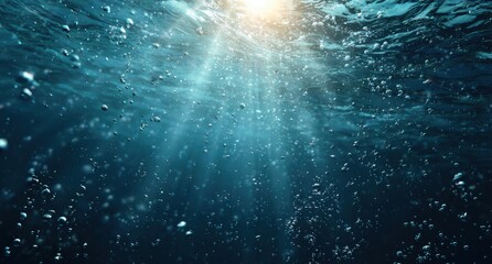 Fototapeta premium Underwater sunbeams illuminating bubbles