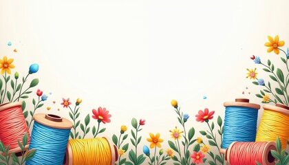 Colorful yarn spools and flowers form a decorative border. This illustration is perfect for craft projects like knitting, crochet, and sewing. Use it for DIY blogs, hobby websites, or seasonal decor.
