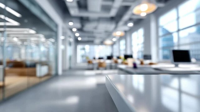 Modern Workplace Ambiance: An open office space. with a soft focus, a clean, professional workspace, and the energy of collaborative innovation.