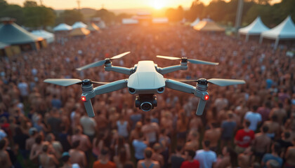 Drone flies above huge crowd at outdoor music festival during sunset. People enjoy concert, tents and stage visible in background. Capturing event aerial view.