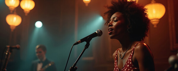 Black woman sings soulful blues into microphone on stage at dimly lit club. Musician performs jazz music, entertains audience at concert with live band. Female artist vocalizes.