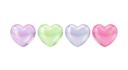 Four iridescent pastel hearts on white background, love symbols, romance, valentine's day