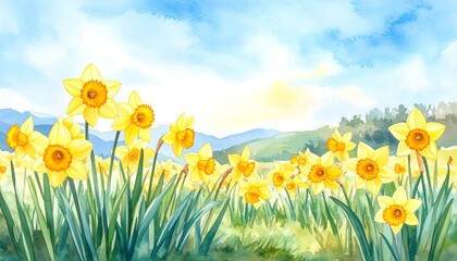 Fototapeta premium Watercolor depiction of a sunny spring scene. Golden flowers bloom in a lush field, under a bright blue sky, mountains in the distance