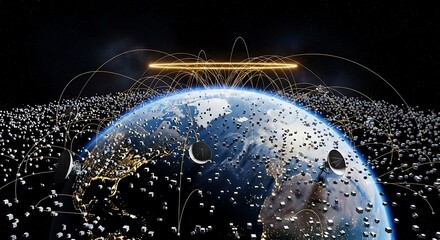 Digital image portraying Earth with satellites, networked connections, and cosmic background. A glowing ring orbits above