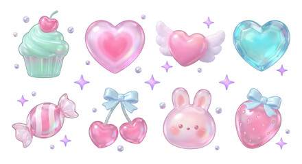 Fototapeta premium Kawaii Cute Icons: Cupcake, Hearts, Bunny, Strawberry, Cherry, Candy, Gem