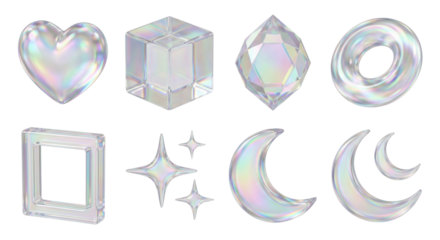 Iridescent Geometric Shapes: Heart, Cube, Diamond, Ring, Star, Moon - 3D Render