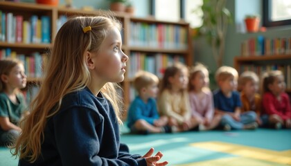 Young children sit on floor in library. Kids listen attentively to storyteller. Bookshelves fill background, suggesting learning and imagination.