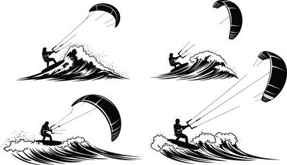 Obraz premium Kite surfing silhouette vector set, water sport action, ocean waves, surfboard rider, dynamic motion, black design, outdoor activity, illustration art