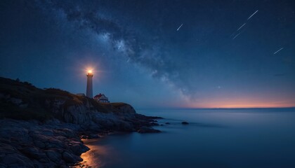 Lighthouse on rocky coast under starry night sky with milky way. Ocean waves softly hit shore below. Meteor streaks across the galaxy above. Calm sea horizon glows with distant light.