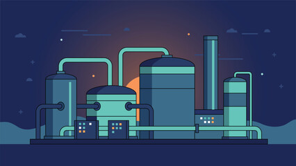 Flat vector illustration of carbon capture industrial plant with storage tanks and pipelines, showing clean energy technology and sustainable climate solution.