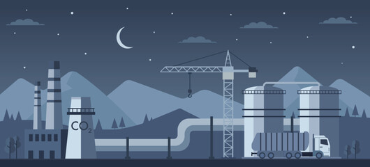 Carbon capture and storage industrial facility with CO2 pipeline, storage tanks, transport truck and construction crane, showing climate technology and emission reduction at night