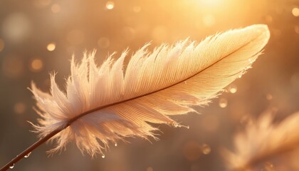 Naklejka premium Delicate light feather with water drops glistens. Soft golden warm light illuminates fine organic texture. Close up macro detail macro shot shows nature beauty.