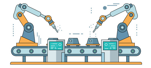 Industrial robotic arms working on automated conveyor line in smart factory concept showing modern manufacturing, automation, and Industry 4.0 technology