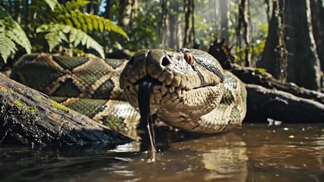 Giant Anaconda Coiled in Swampy Jungle, Low Angle Shot Captures Meal