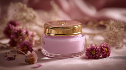 A pink cream jar with gold trim next to delicate pink flowers, set against a soft, pink background